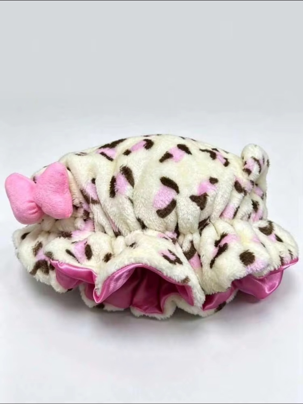 Plush Pink Leopard Print Kids Shower Cap with Bow